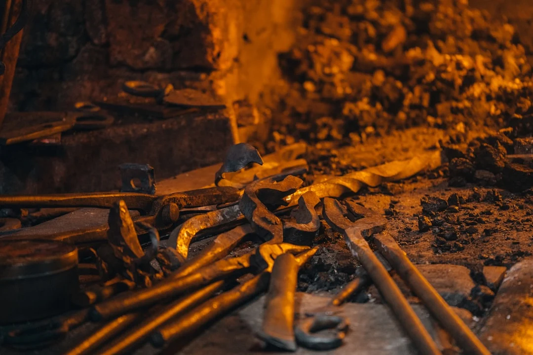 Collection of blacksmith tools in a workshop